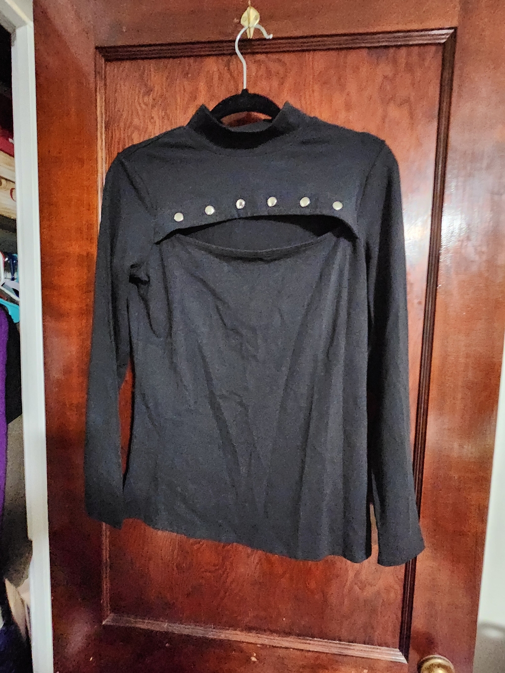 NWT New York & Company Black Studded Mock Neck Cutout Long Sleeve Top Small